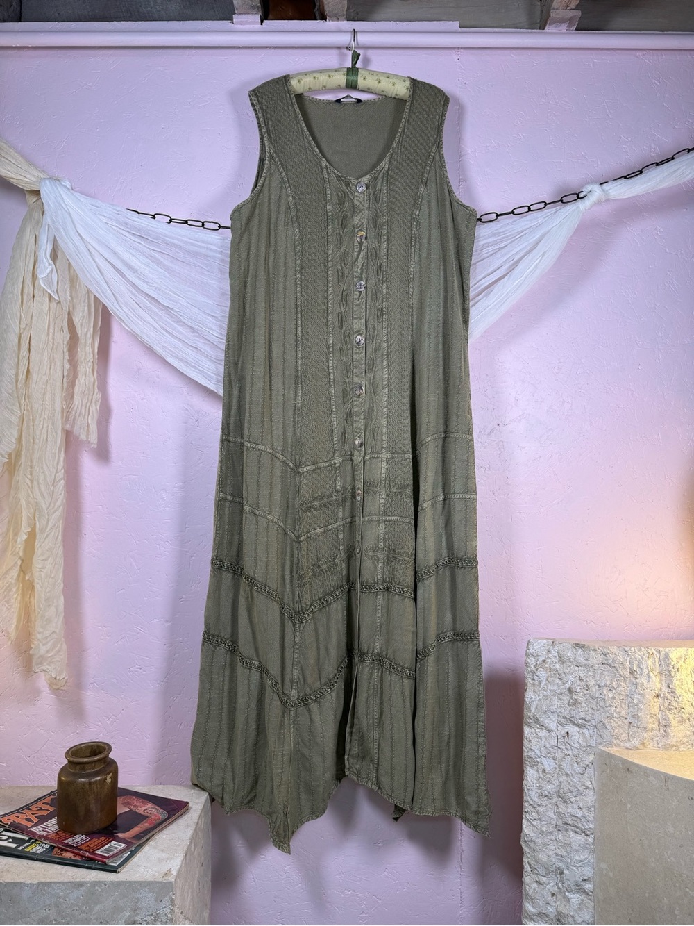 Vintage Sage Green Textured Maxi Dress | Size 1X